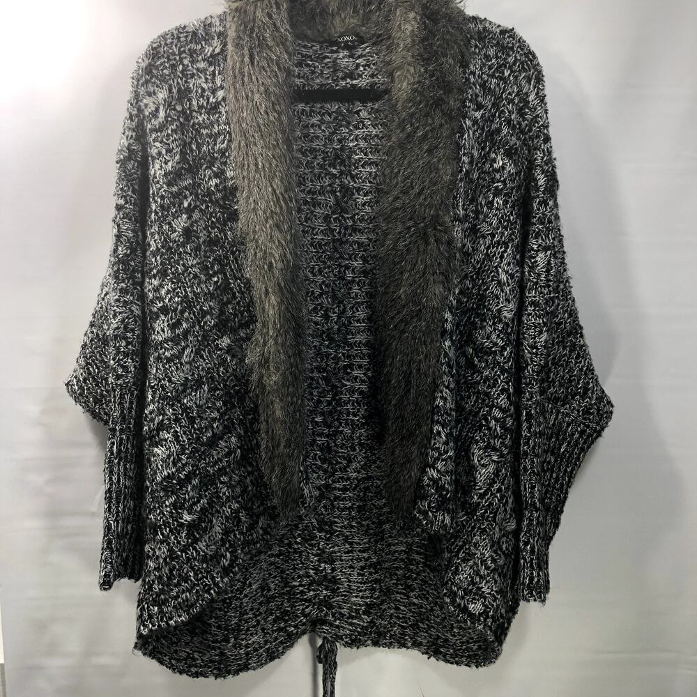 XOXO Women's Cardigan Faux Fur Collar Braid Detail Back Hi Low Blk White Sz XL